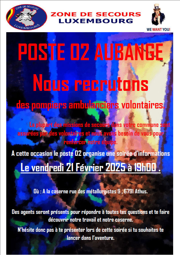 Affiche avec les données pour la réunion du 21 février 2025 à 19h à la caserne afin d'informer les futurs volontaires intéressés