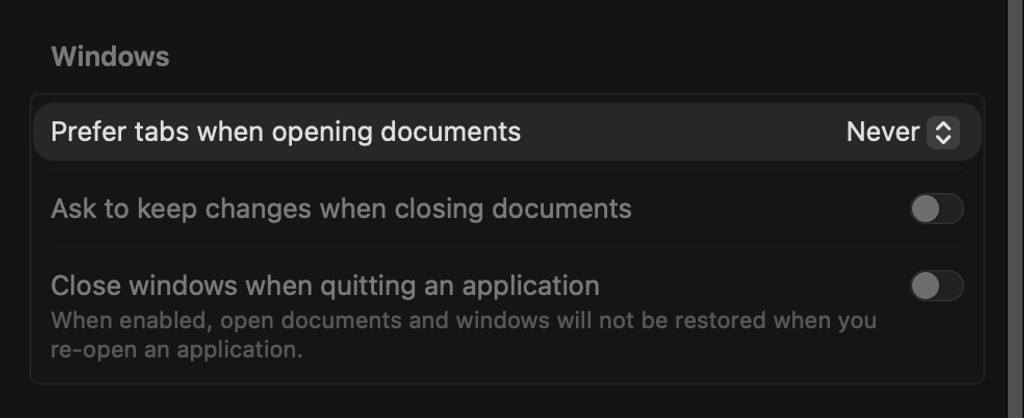 Prefer tabs never in MacOS