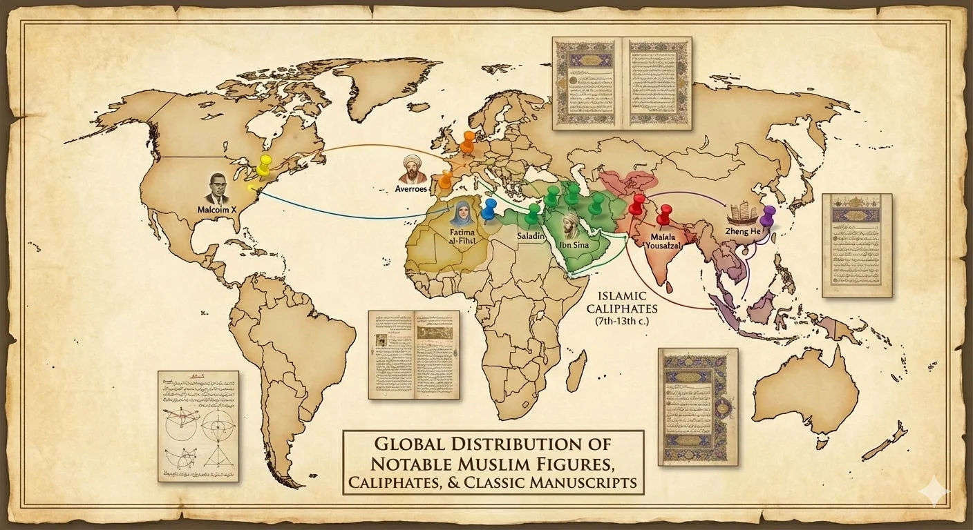 peta kekhalifahan dan manuskrip Islam klasik