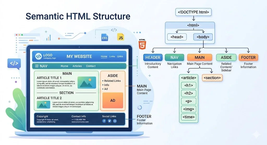Contoh struktur semantic HTML dengan header, nav, main, article, section dan footer