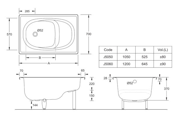 JS-Ultra Compact Vitreous Enamel Steel Bath 1050x700x370mm