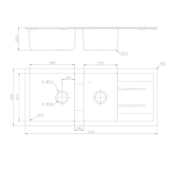 BV-11650 Black 1 and 3/4 Bowl Kitchen Sink with Drainer 1160x500mm