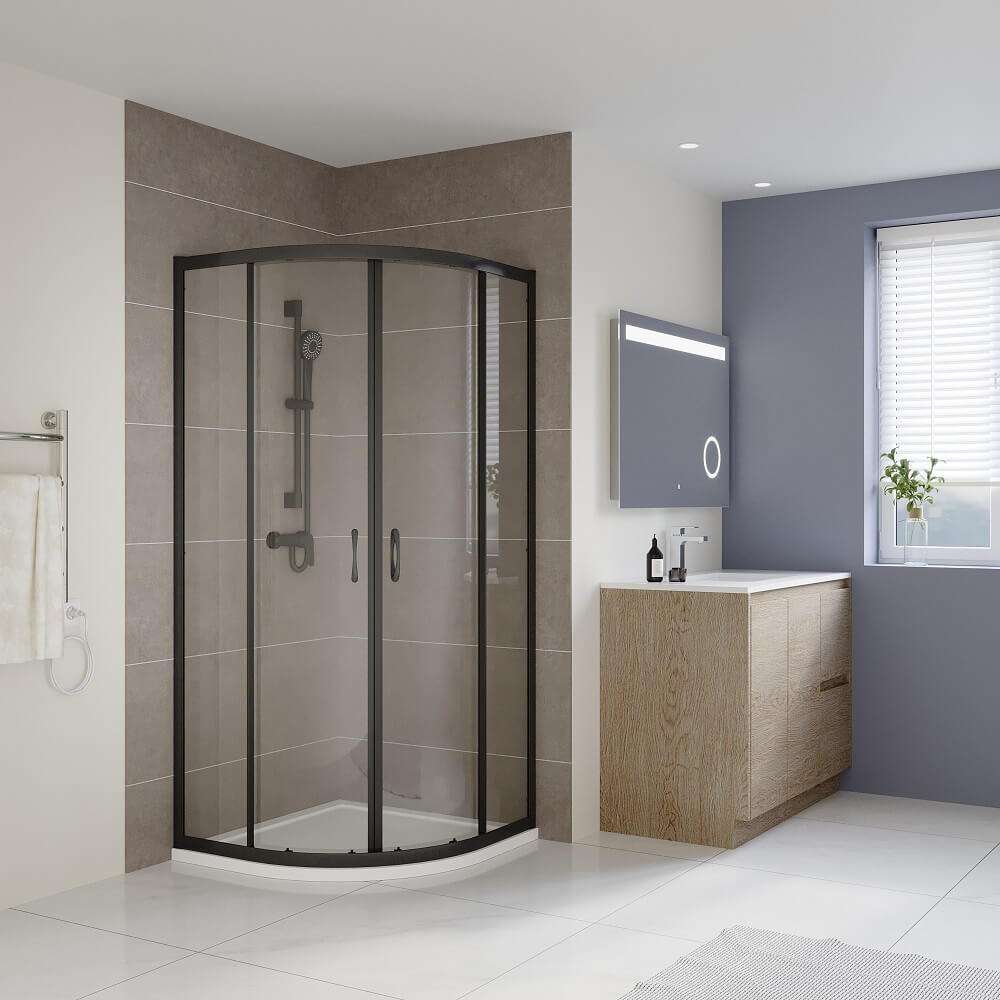 SS04 – Black Curved Corner Sliding Shower Screen – 900x900mm (Suit on Tiled Floor)
