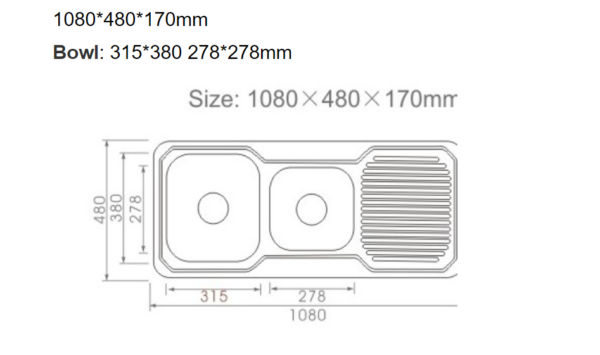 OS108P Drop In Sink 1080x480x170mm