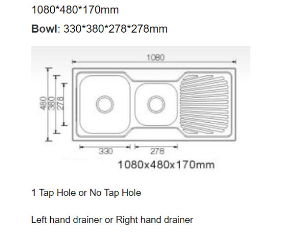 OS108S Drop In Sink 1080x480x170mm