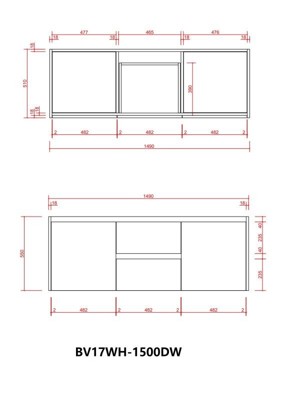 BV17WH-1500DW Wooden Finish Wall Hung Vanity (520) Double - 1500×520mm - Clearance