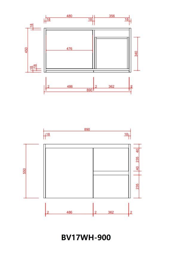 BV17-900WH Wooden Finish Wall Hung Vanity (460) - 900×460mm