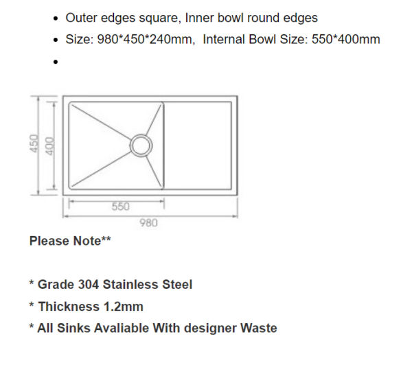 OS22R Square Undermount / Drop In Sink 980x450x240mm