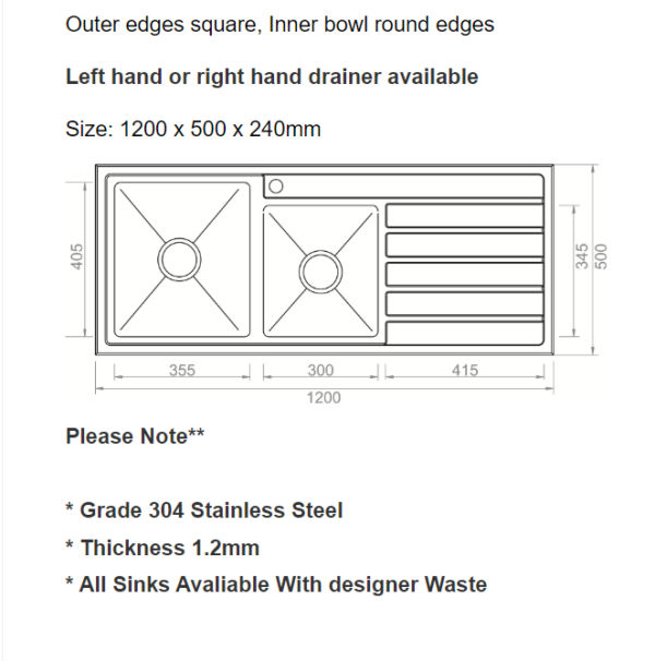 OS33R Drop In Sink 1200x500x240mm