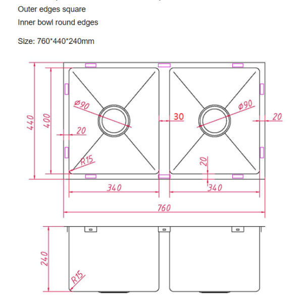 OS88R Square Undermount / Drop In Sink 760x440x240mm