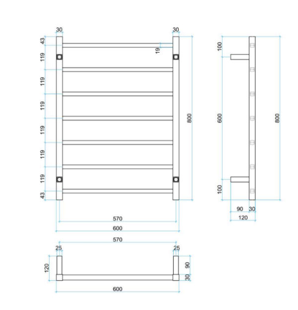 Thermogroup 12V Ladder Chrome Heated Towel Rail Square SS4412 600mm
