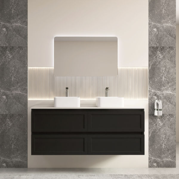 CEFMB1500WH Matt Black Wall Hung Vanity Four Drawers Double Basins - 1500x460mm