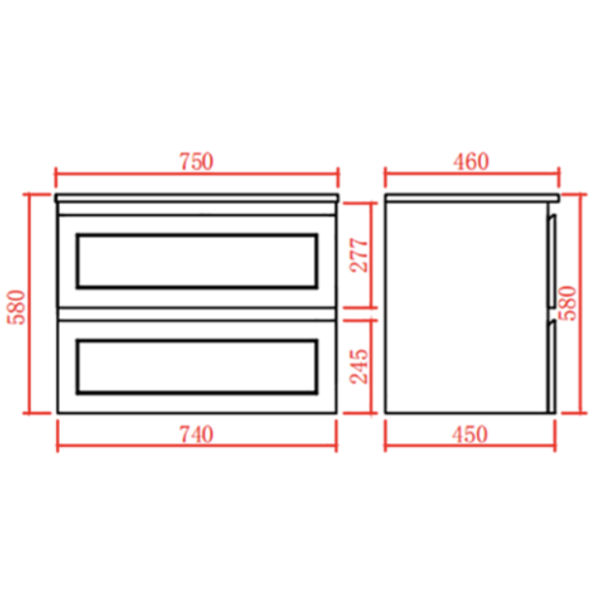 CEFMB750WH Matt Black Wall Hung Vanity Double Drawers - 750x460mm