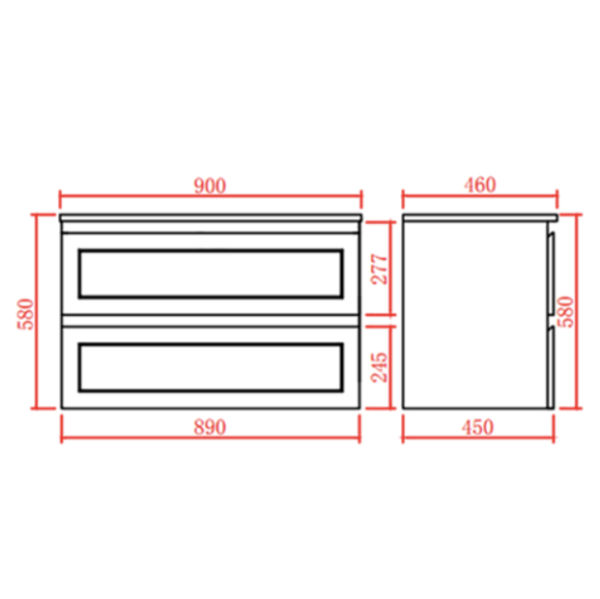 CEFMW900WH Matt White Wall Hung Vanity Double Drawers - 900x460mm