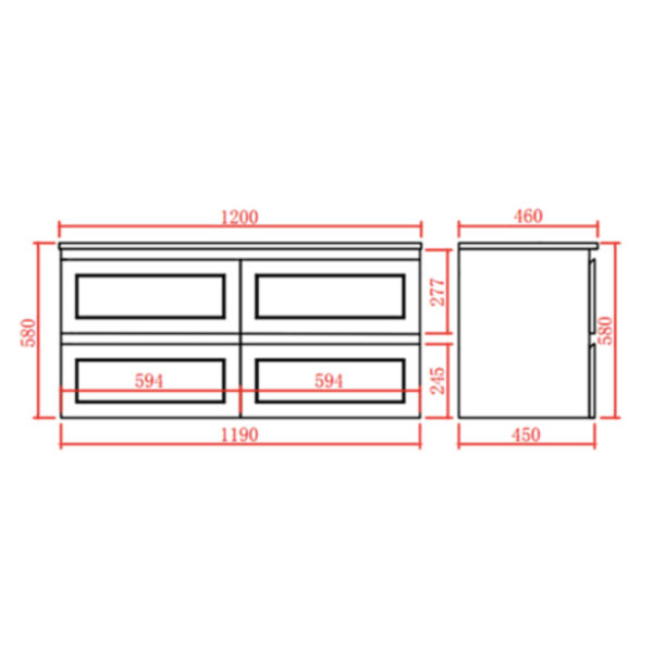 CEFMB1200WH Matt Black Wall Hung Vanity Four Drawers - 1200x460mm
