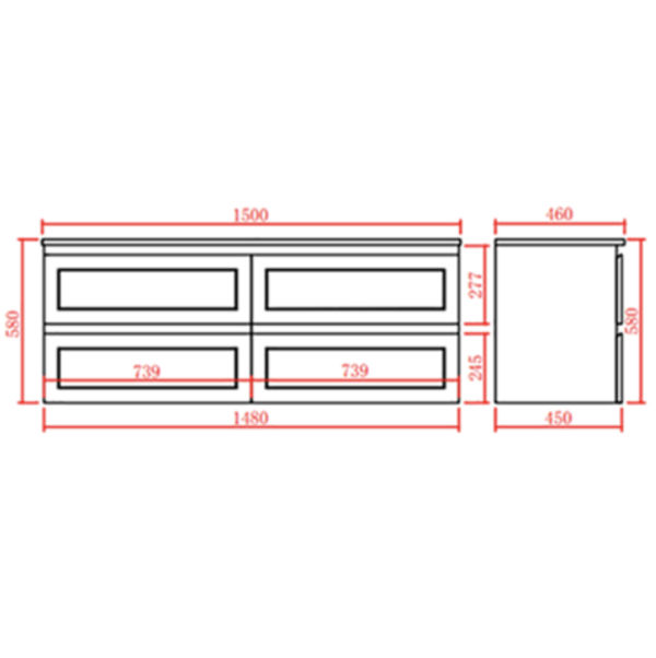 CEFMW1500WH Matt White Wall Hung Vanity Four Drawers Double Basins - 1500x460mm