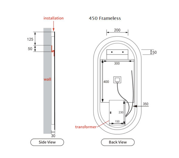 AU-LMBM-450 Oval LED Mirror 450x900mm
