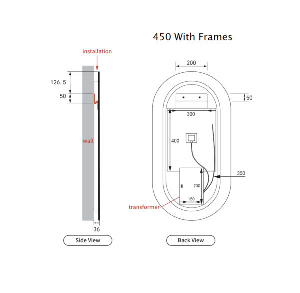 AU-LMBM-450 Oval LED Mirror 450x900mm
