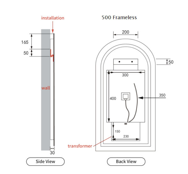 AU-LMCAN-500 Arched LED Mirror 500x900mm