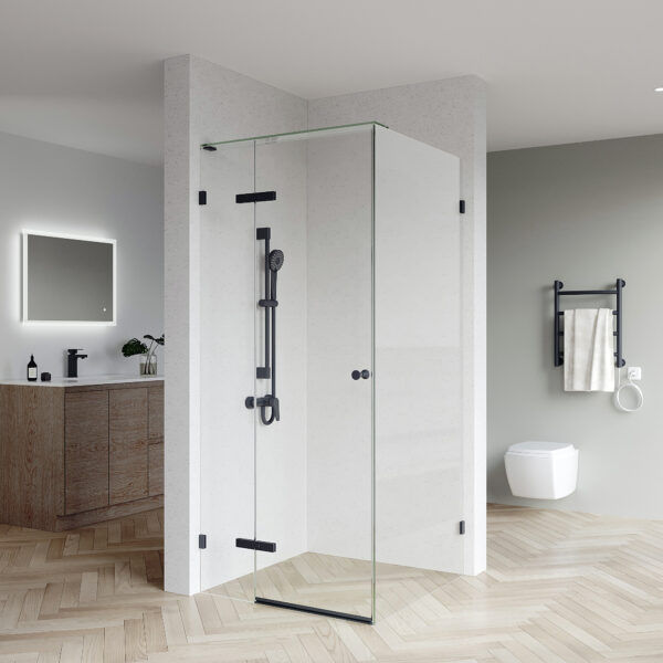 SS08 - 10mm Black Frameless Shower Screen with Wall Brackets - 885x885mm