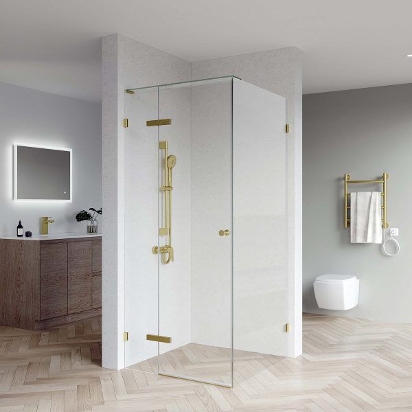 SS08 - 10mm Brushed Gold Frameless Shower Screen with Wall Brackets- 1150x850mm