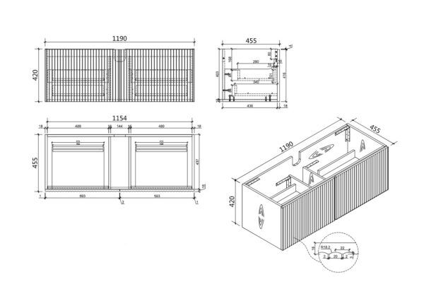 ECVIVO-1200 Wooden Finish Wall Hung Vanity - 1200x460mm