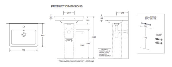 Johnson Suisse Quado Assist 550 Rectangular Wall Basin With Bottle Trap
