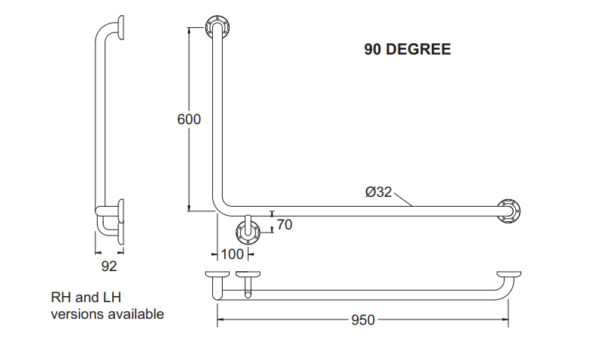 Johnson Suisse CARE Grab Rail Angled 90deg 950x600mm (32×1.2) Left/Right Hand Side