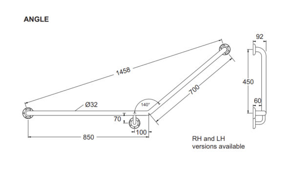 Johnson Suisse CARE Grab Rail Angled 850x700mm (32×1.2) Left/Right Hand Side