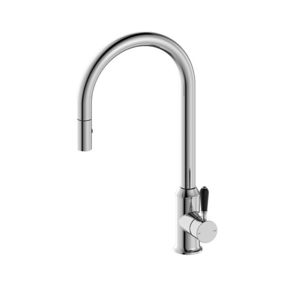 NRO69210803CH Chrome Pull Out Sink Mixer With Vegie Spray Function With Black Porcelain Lever