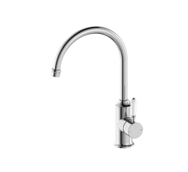 NRO69210601CH Chrome Kitchen Mixer Gooseneck Spout with White Porcelain Lever