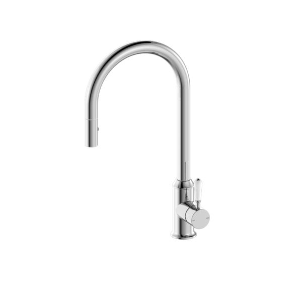 NRO69210801CH Chrome Pull Out Sink Mixer with Vegie Spray Function with White Porcelain Lever