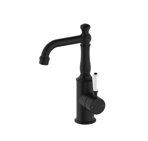 NRO69210101MB Black Basin Mixer with White Porcelain Lever