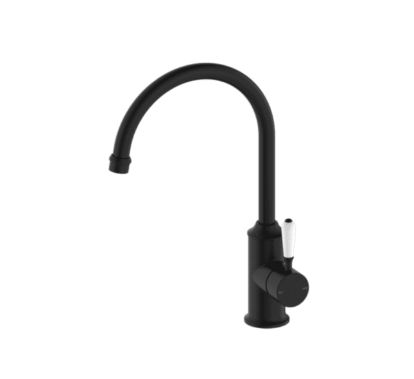 NRO69210601MB Black Kitchen Mixer Gooseneck Spout with White Porcelain Lever