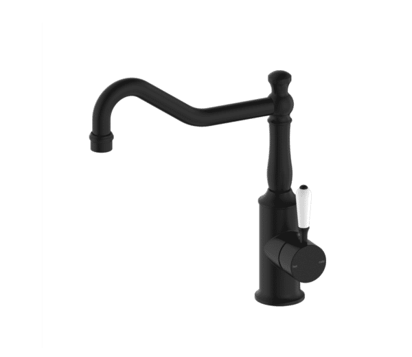 NRO69210701MB Black Kitchen Mixer Hook Spout With White Porcelain Lever