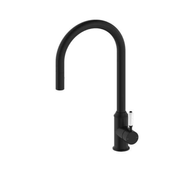 NRO69210801MB Black Pull Out Sink Mixer with Vegie Spray Function with White Porcelain Lever