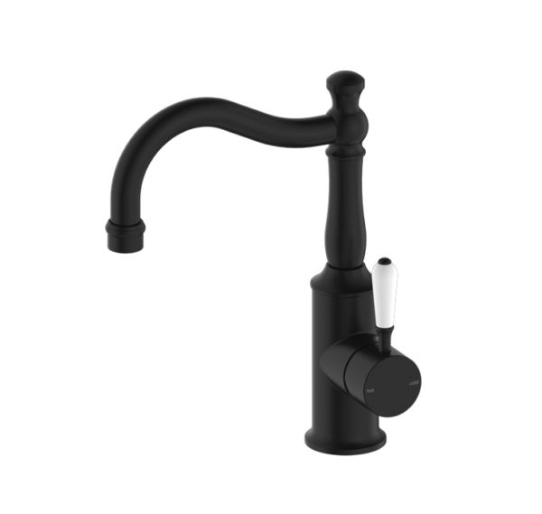 NRO69210201MB Black Basin Mixer Hook Spout with White Porcelain Lever