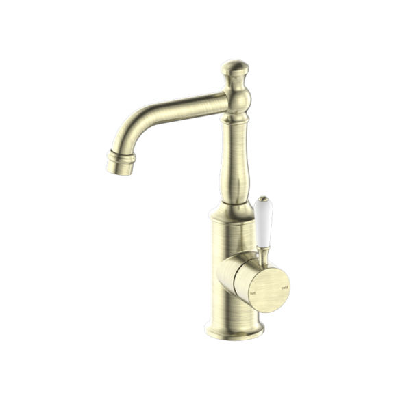 NRO69210101AB Aged Brass Basin Mixer with White Porcelain Lever