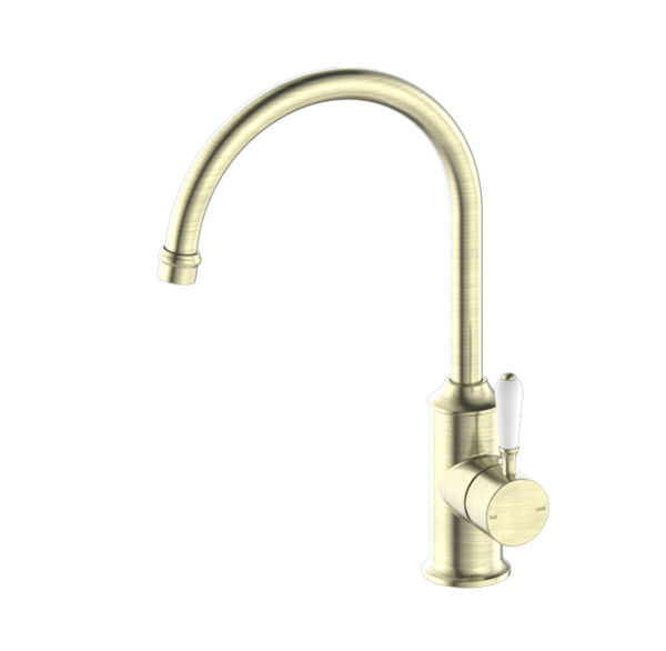 NRO69210601AB Aged Brass Kitchen Mixer Gooseneck Spout with White Porcelain Lever