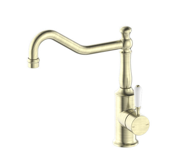 NRO69210701AB Aged Brass Kitchen Mixer Hook Spout With White Porcelain Lever
