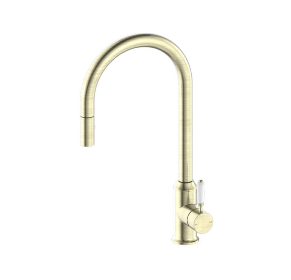 NRO69210801AB Aged Brass Pull Out Sink Mixer with Vegie Spray Function with White Porcelain Lever