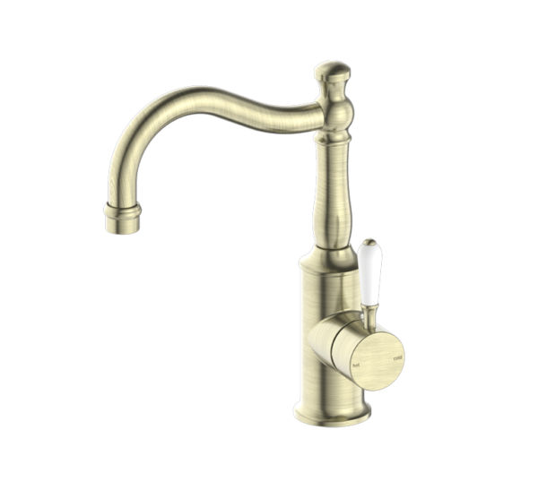 NRO69210201AB Aged Brass Basin Mixer Hook Spout with White Porcelain Lever