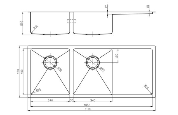 EC110GB 2x28L Double Bowls Kitchen Sink 1100x450mm