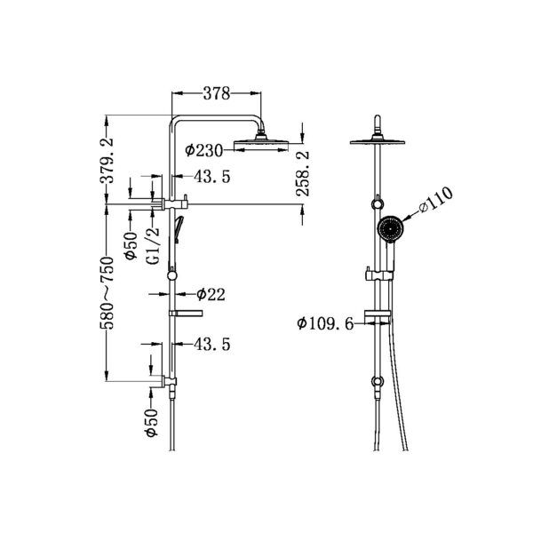 NRO23210MB Matt Black Multi Function Shower Rail