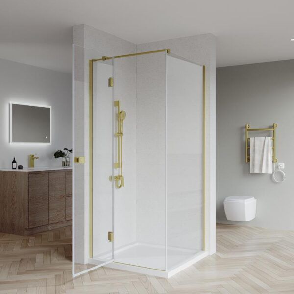 SS17 - Brushed Gold Semi Frameless Front & Return Shower Screen - 1150x850mm (Suit On 1200x900 Base)
