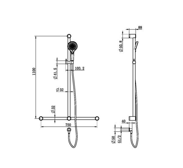 NRO006BG Brushed Gold Round Care 32mm T Bar Grab Rail and Adjustable Shower Rail