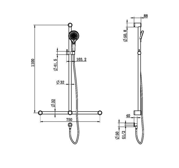 NRO006BN Care Brushed Nickel 32mm T Bar Grab Rail and Adjustable Shower Set 1100x750mm