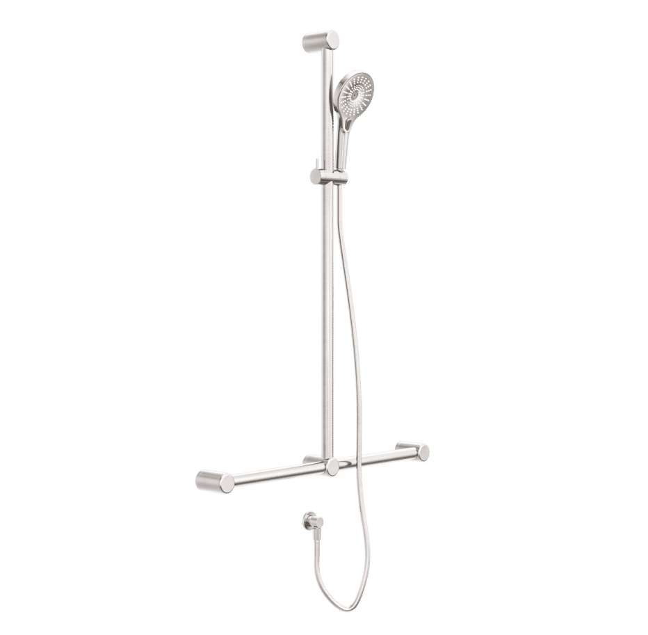 NRO006BN Care Brushed Nickel 32mm T Bar Grab Rail and Adjustable Shower Set 1100x750mm