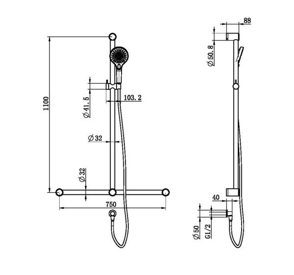 NRO006CH Care Chrome 32mm T Bar Grab Rail and Adjustable Shower Set 1100x750mm