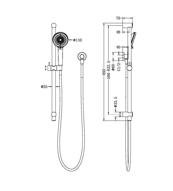 NRO318BN Brushed Nickel Round Metal Project Rail Shower